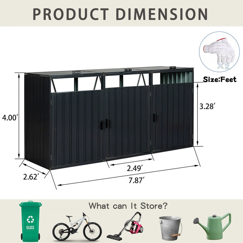 94-Inch Heavy-Duty Outdoor Galvanized Stainless Steel Garbage Bin Shed For 3 Trash Cans (SAK89882) by SAKSBY WHOLESALE