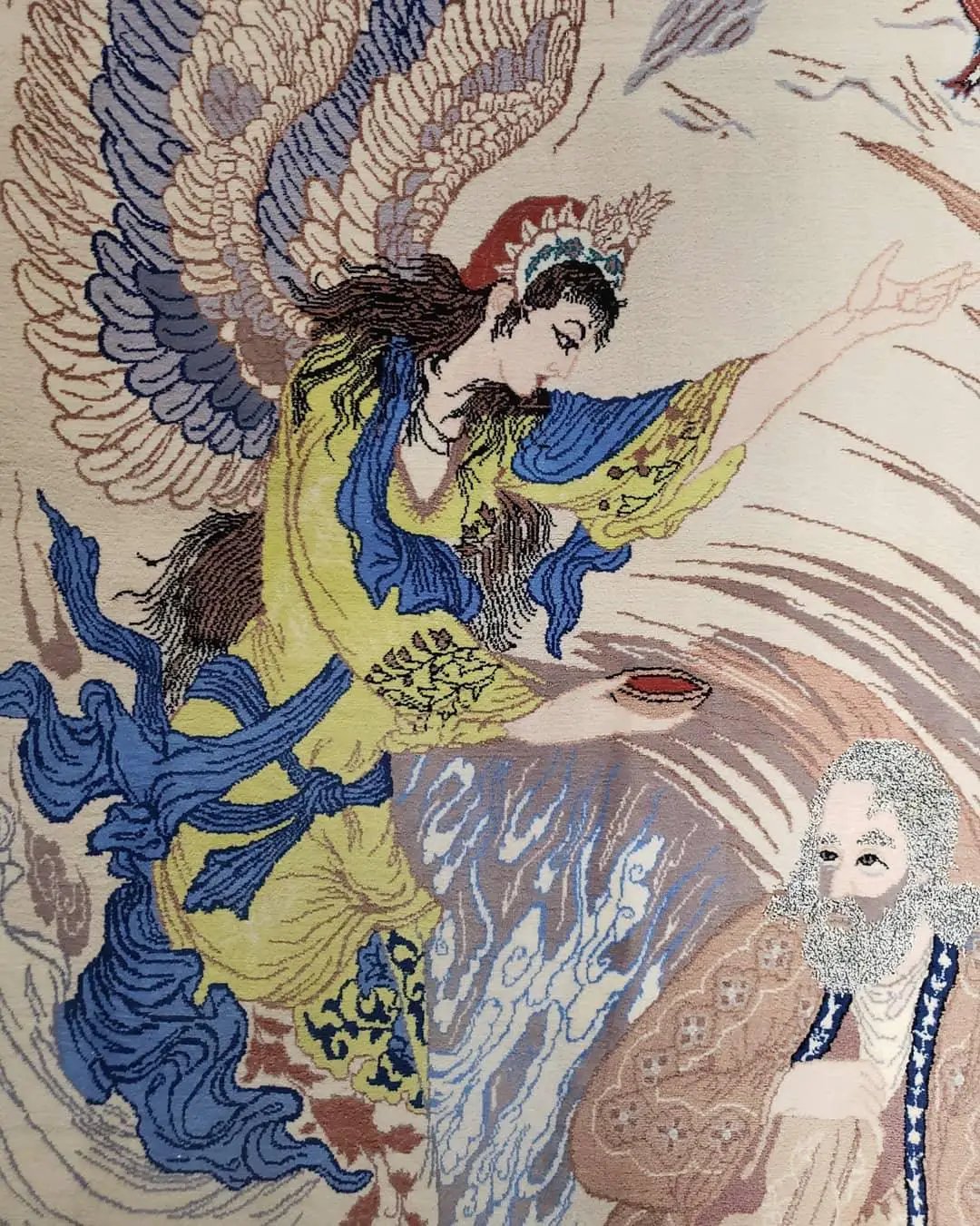 Semi Antique Persian Pictorial Rug 3'6" x 6", Angel Speaking to Prophet, Kork Wool on Silk Foundation, Detailed, Animals, Poetry, Wall Hanging Rug by Jewel Rugs