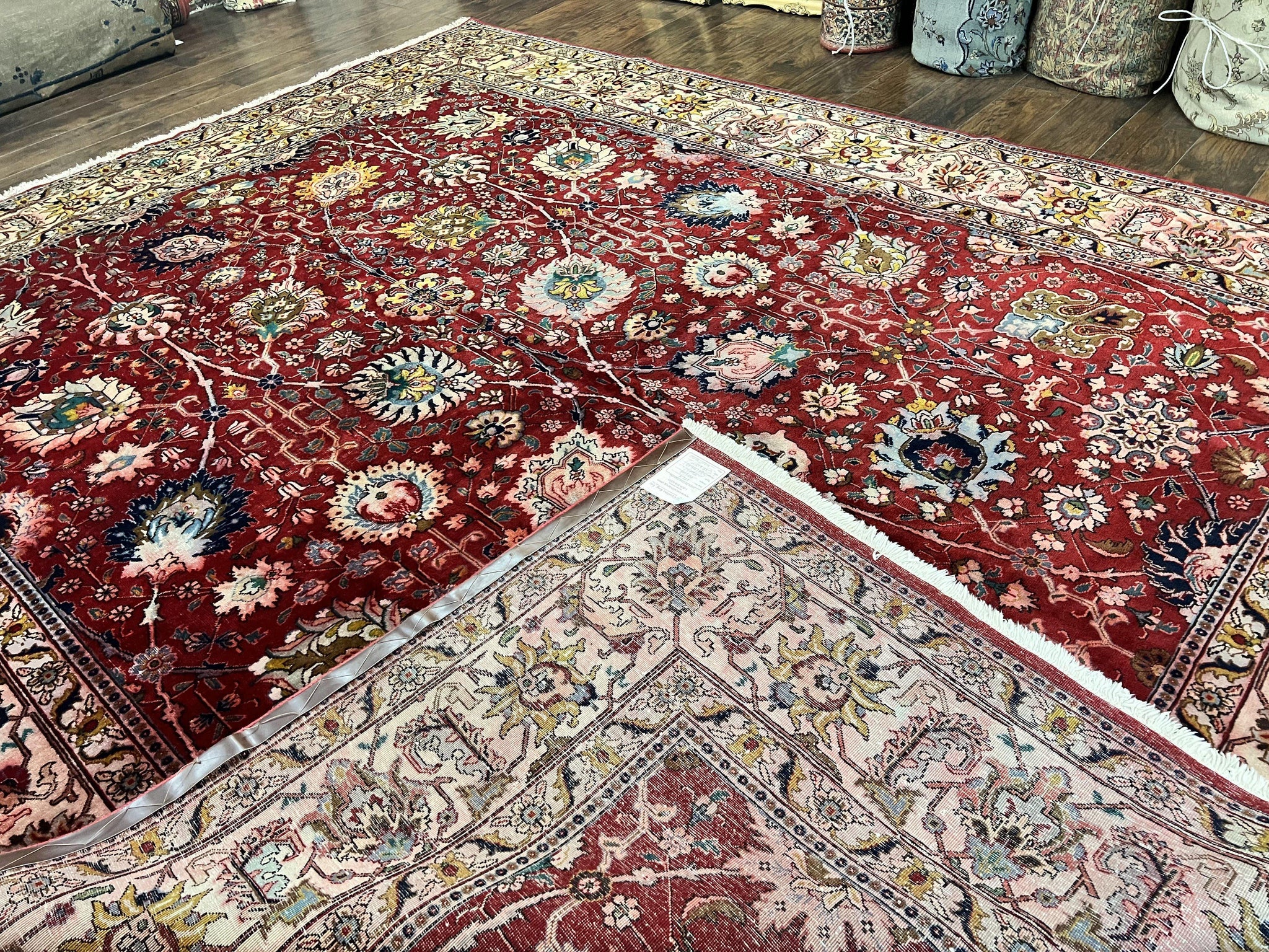 Persian Tabriz Rug 10x12, Floral Allover, Handmade Vintage Wool Carpet, Red and Cream by Jewel Rugs