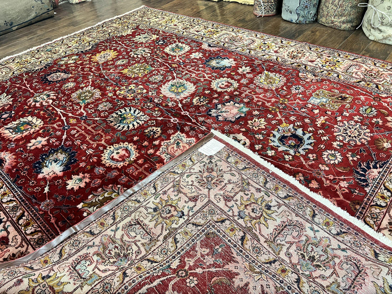 Persian Tabriz Rug 10x12, Floral Allover, Handmade Vintage Wool Carpet, Red and Cream by Jewel Rugs
