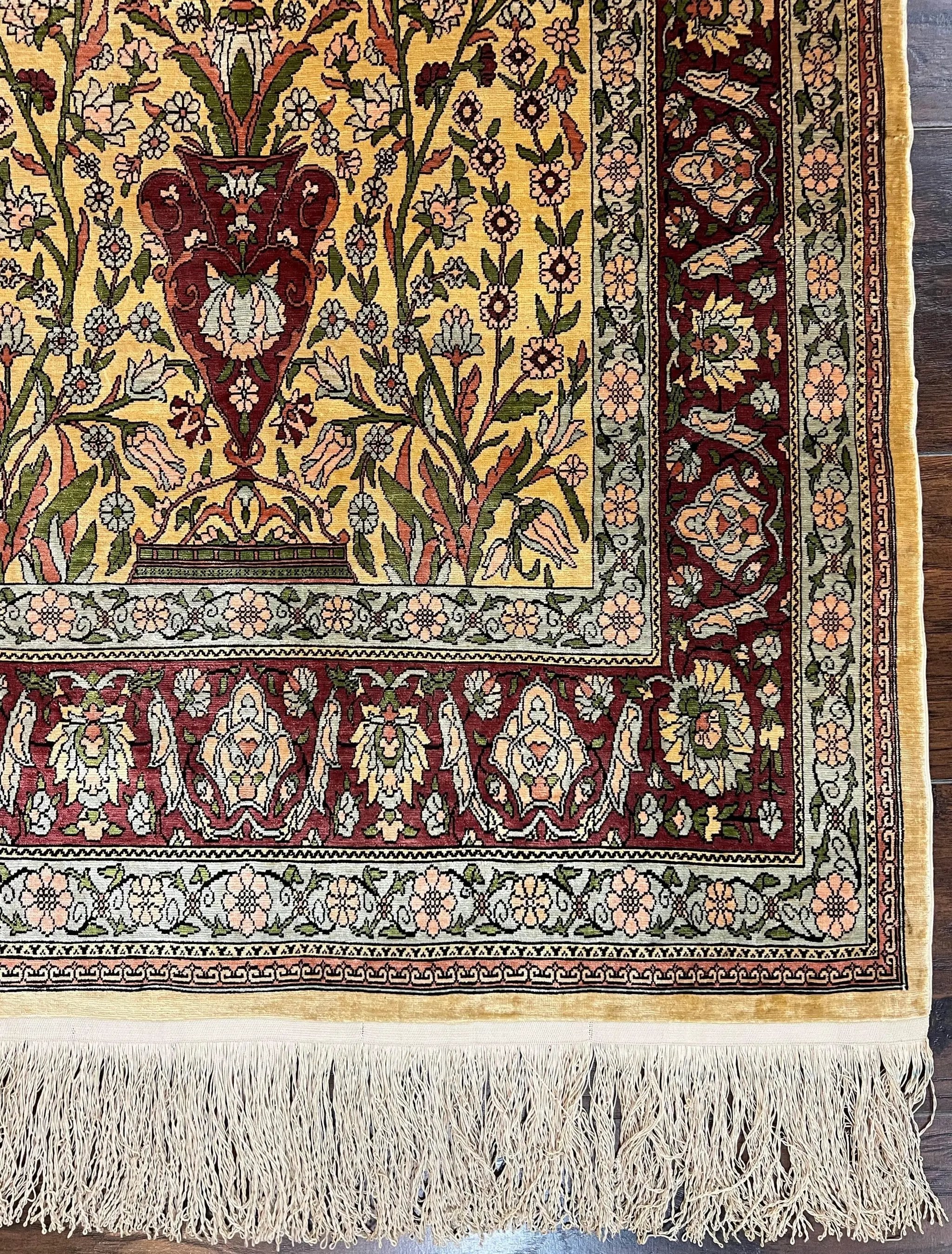 Wonderful Silk Turkish Hereke Prayer Rug 2.8 x 4.5, Tree of Life Design, Signature from Master Weaver, Gold and Burgundy, Handmade, 625 KPSI by Jewel Rugs