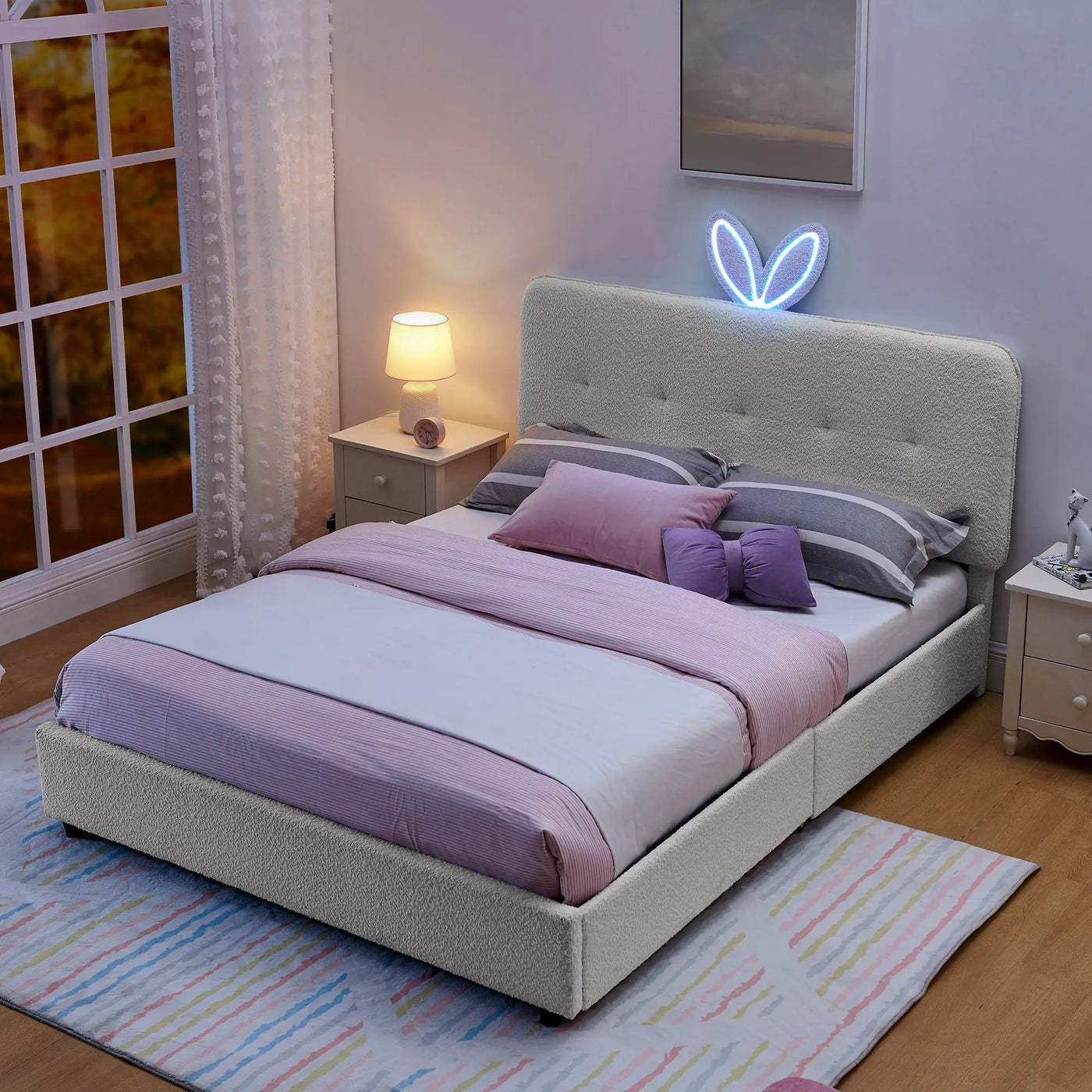 Upholstered Bed With Oversized Rabbit Ear Headboard, LED Lights & 4 Storage Drawers by HouseOfZazla