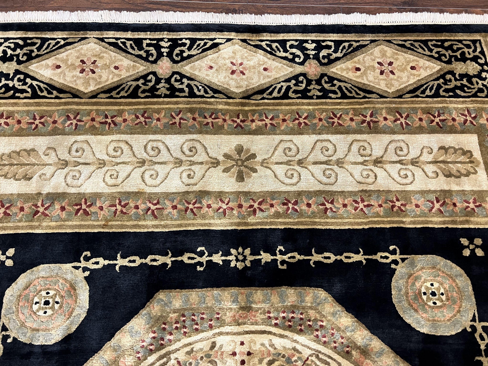 Tibetan Rug 8x10, Nepali Area Rug, Soft New Zealand Wool Carpet 8 x 10 ft, Black Tan Beige, Vintage Handmade Rug, French Aubusson Pattern by Jewel Rugs