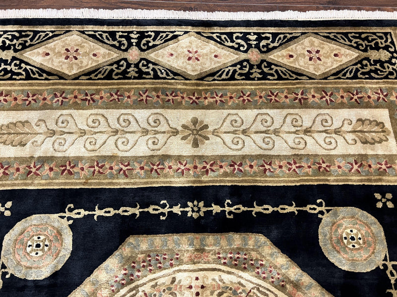 Tibetan Rug 8x10, Nepali Area Rug, Soft New Zealand Wool Carpet 8 x 10 ft, Black Tan Beige, Vintage Handmade Rug, French Aubusson Pattern by Jewel Rugs