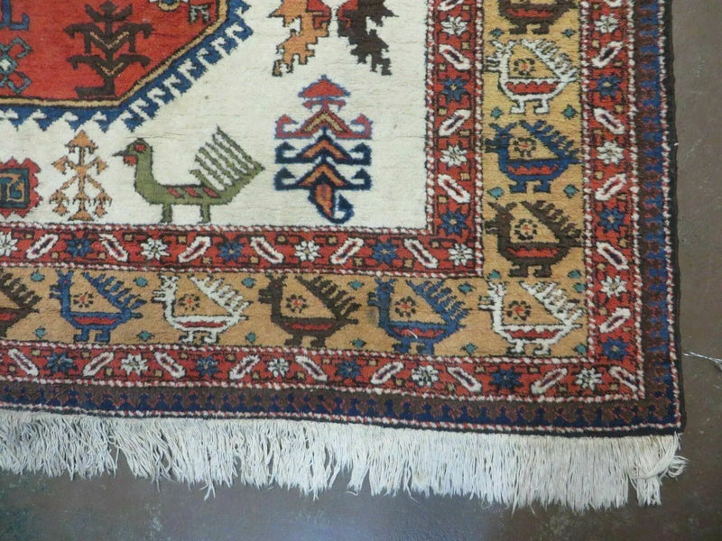 7' X 10' Vintage Handmade Knotted Turkish Wool Rug Birds Animal Ivory Organic by Jewel Rugs