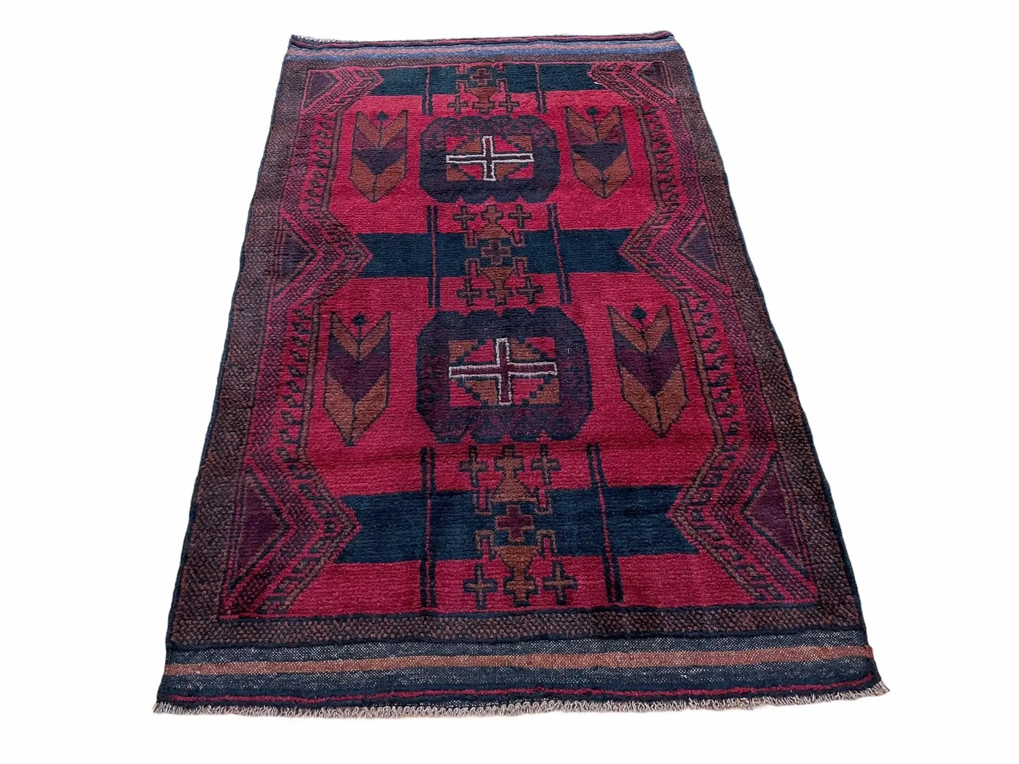 2' 10" X 4'6" Vintage Handmade Tribal Wool Rug Balouchi Rug Afghan Rug Red Black by Jewel Rugs