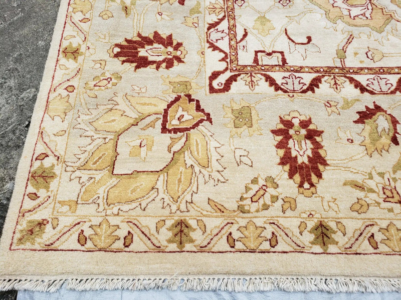 Vintage Oushak Area Rug, Hand-Knotted, Wool, Cream Beige Maroon, 10x15 Rug, 10x14 Rug, Large Oriental Carpet by Jewel Rugs