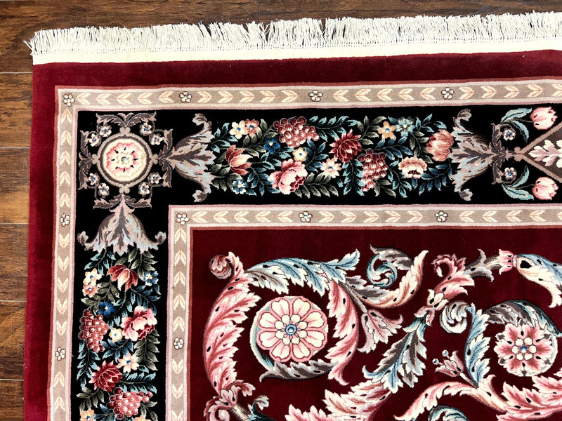 Chinese Aubusson Rug 9x12, Burgundy, Handmade Vintage Wool Carpet, Fine 210 KPSI, Elegant European Design by Jewel Rugs
