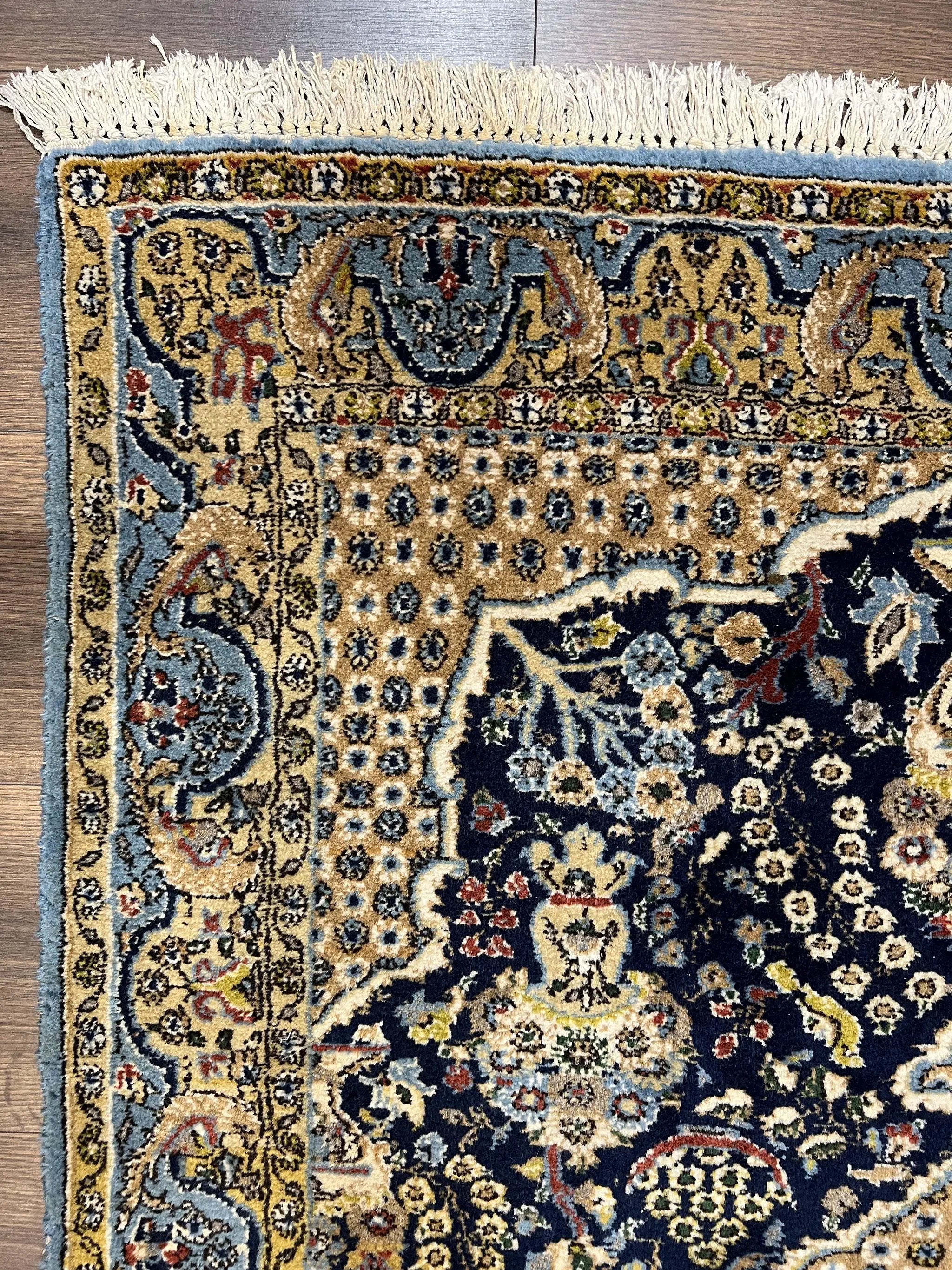 Fine Persian Qum Rug 3x5, Semi Antique Vintage Oriental Ghom Carpet, Floral Medallion, Highly Detailed, Hand Knotted, Navy Blue, Wool Area Rug, Birds by Jewel Rugs