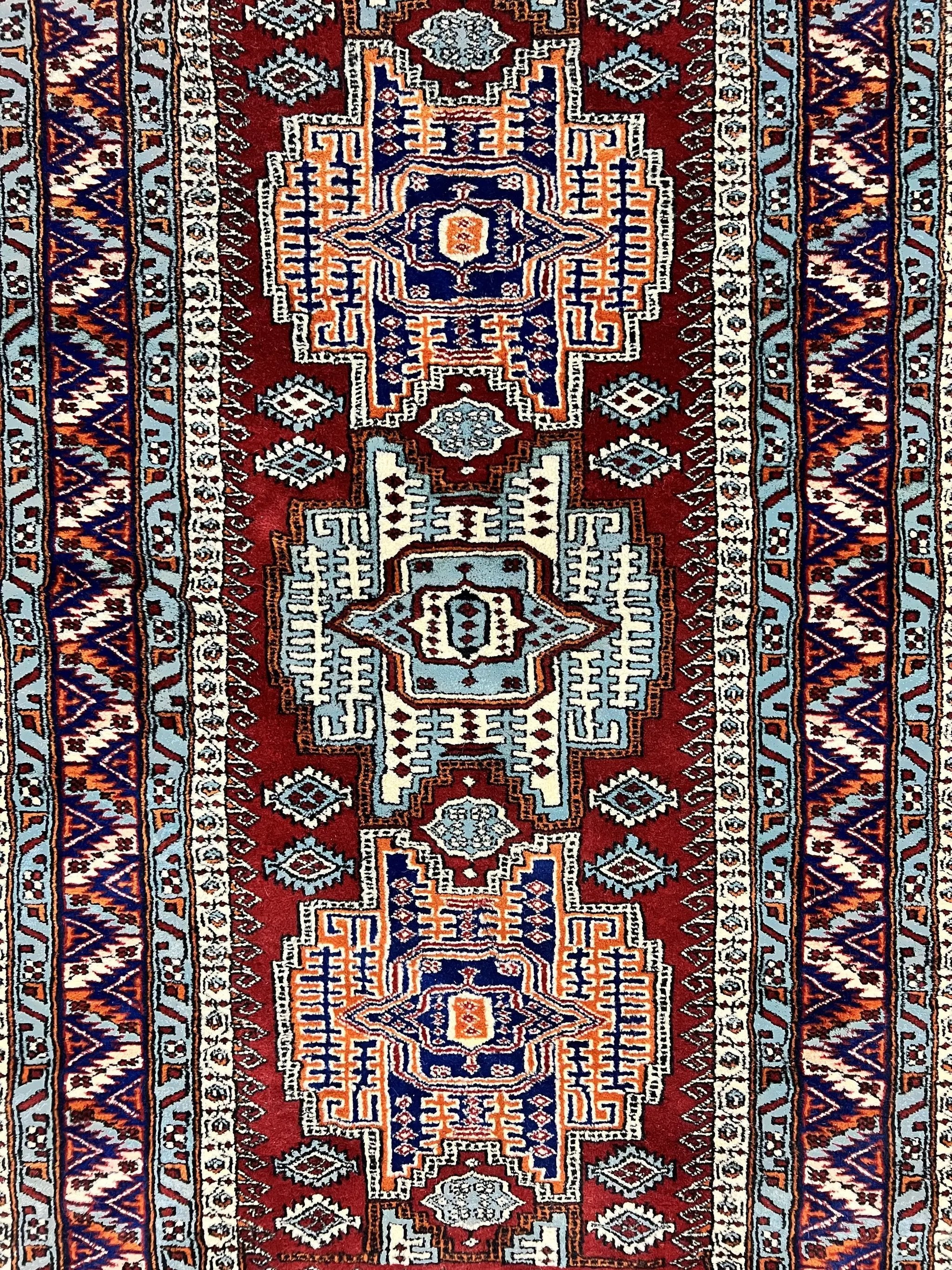 Pakistani Rug 3x5 ft, Caucasian Kazak Design, Geometric Rug, Small Vintage Oriental Carpet, Dark Red Vintage Handmade Wool Rug 3 x 5 by Jewel Rugs
