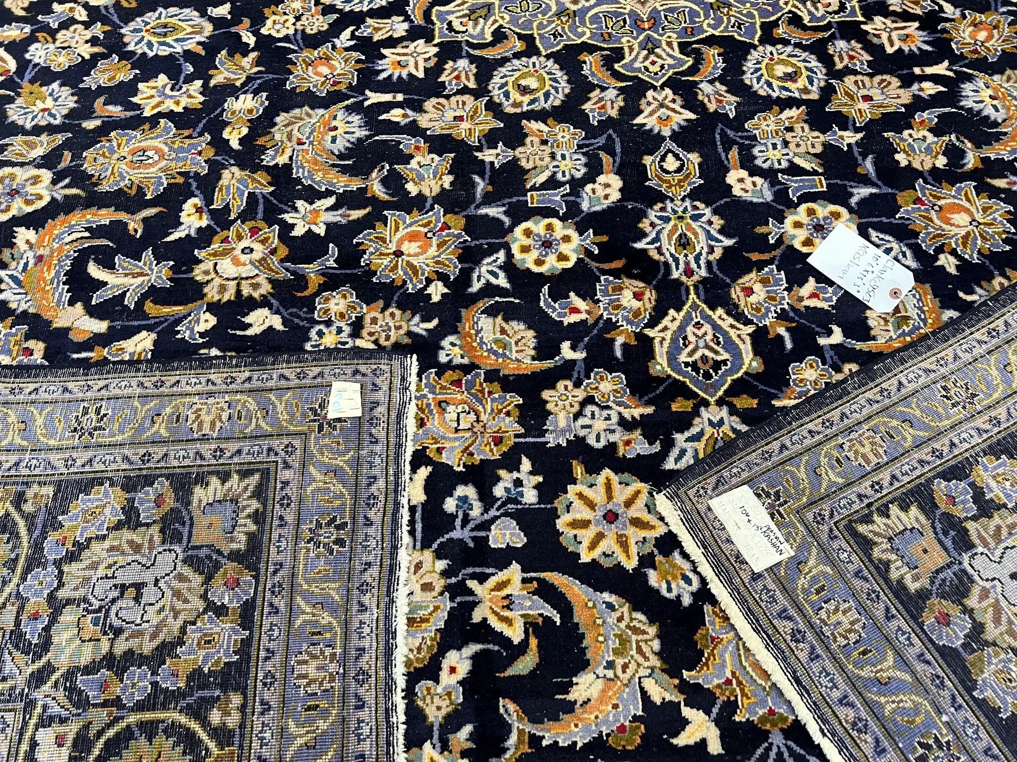 Wonderful Navy Blue Persian Kashan Rug 11x13, Allover Floral Design with Central Medallion, Wool Hand-Knotted Antique Carpet, Signed Rabani Rug by Jewel Rugs