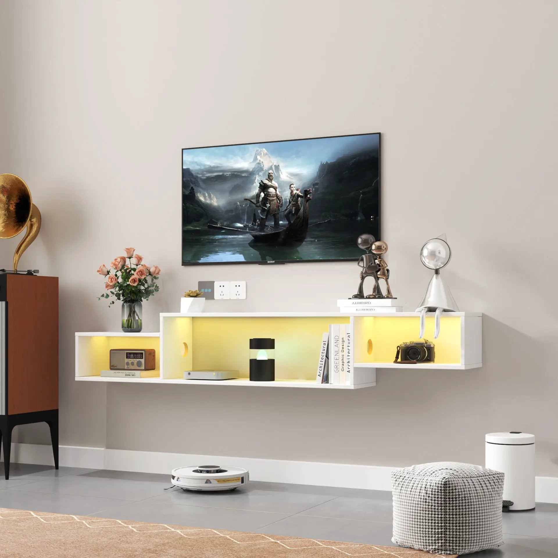 65.35in Wall Mounted Floating TV Stand with 20 Color LEDs and Charging Station by HouseOfZazla
