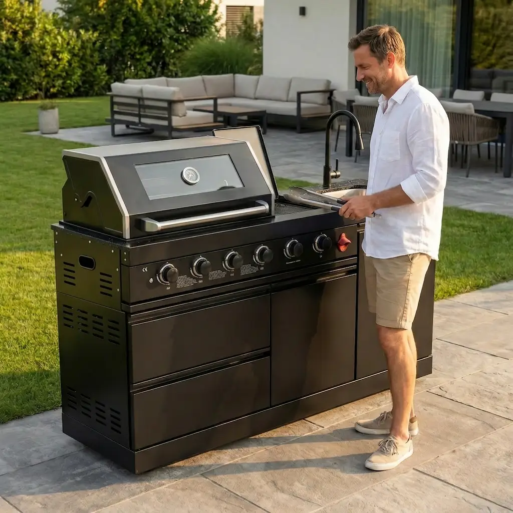 65" 4-Burner 72,000 BTU Black Outdoor Kitchen Island Grill + Round Side Burner by Chery Industrial