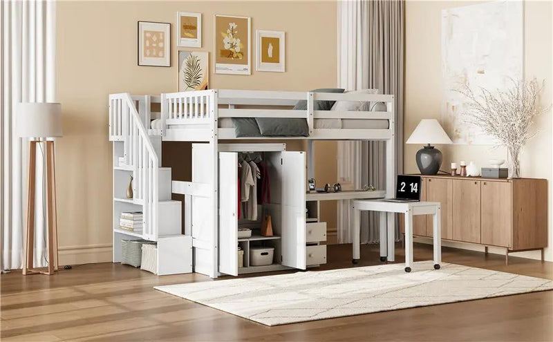 Loft Bed With Stairs, Bookshelf, Drawers, Desk & Wardrobe, Space Saving Multifunctional Furniture by HouseOfZazla