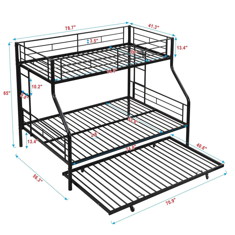Twin Over Full Modern Metal Bunk Bed With Trundle - Black by HouseOfZazla