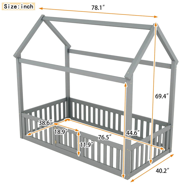 Wood House Bed With Fence And Door by HouseOfZazla