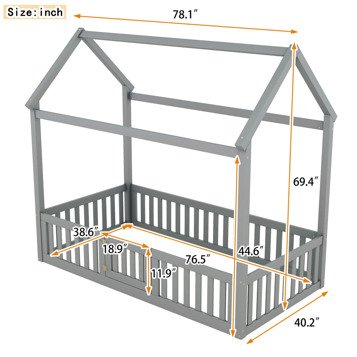 Wood House Platform Bed with Fence and Door - White or Dark Gray, photo 22 of 40