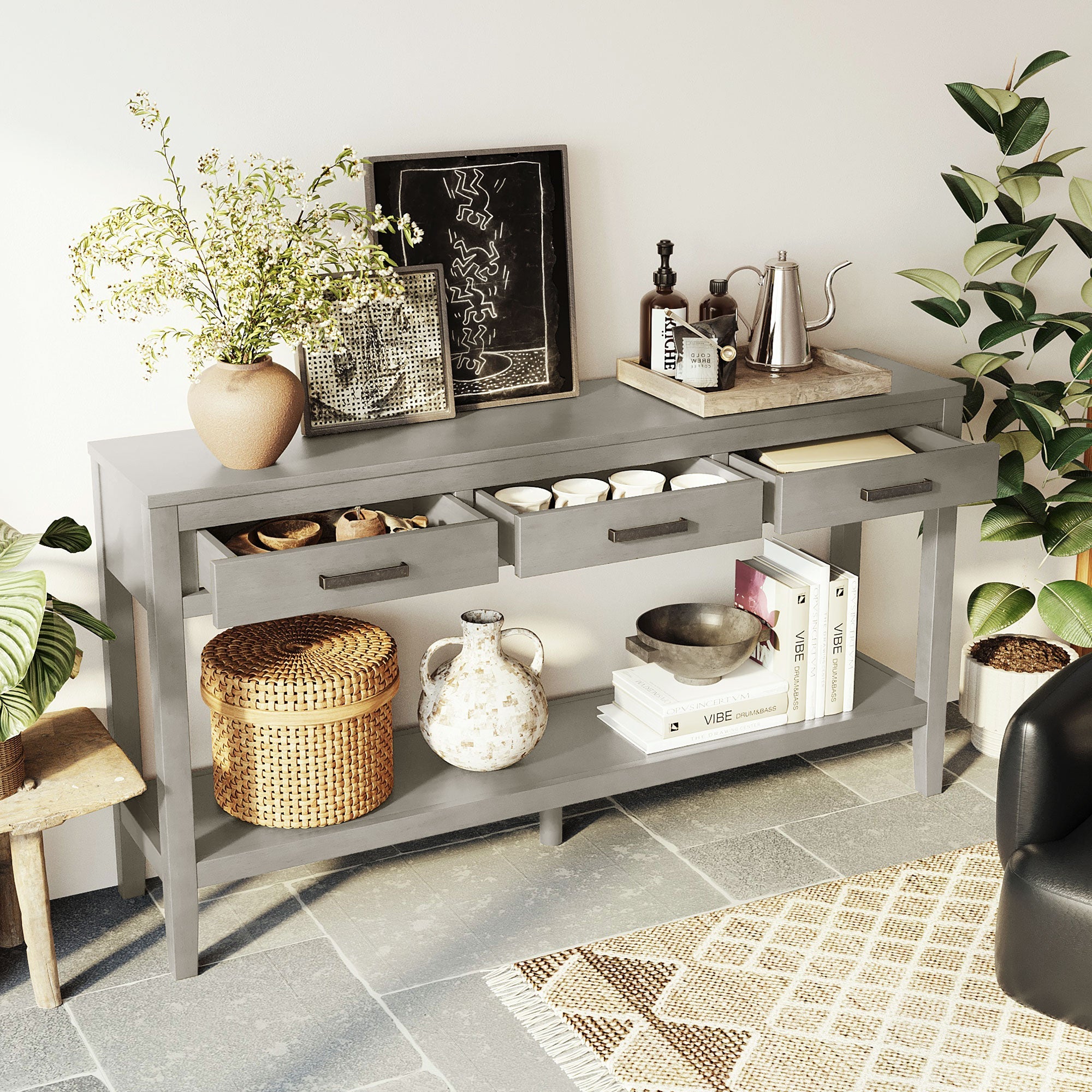 U_STYLE 59.1'' Farmhouse Entryway Table with 3 Drawers by HouseOfZazla