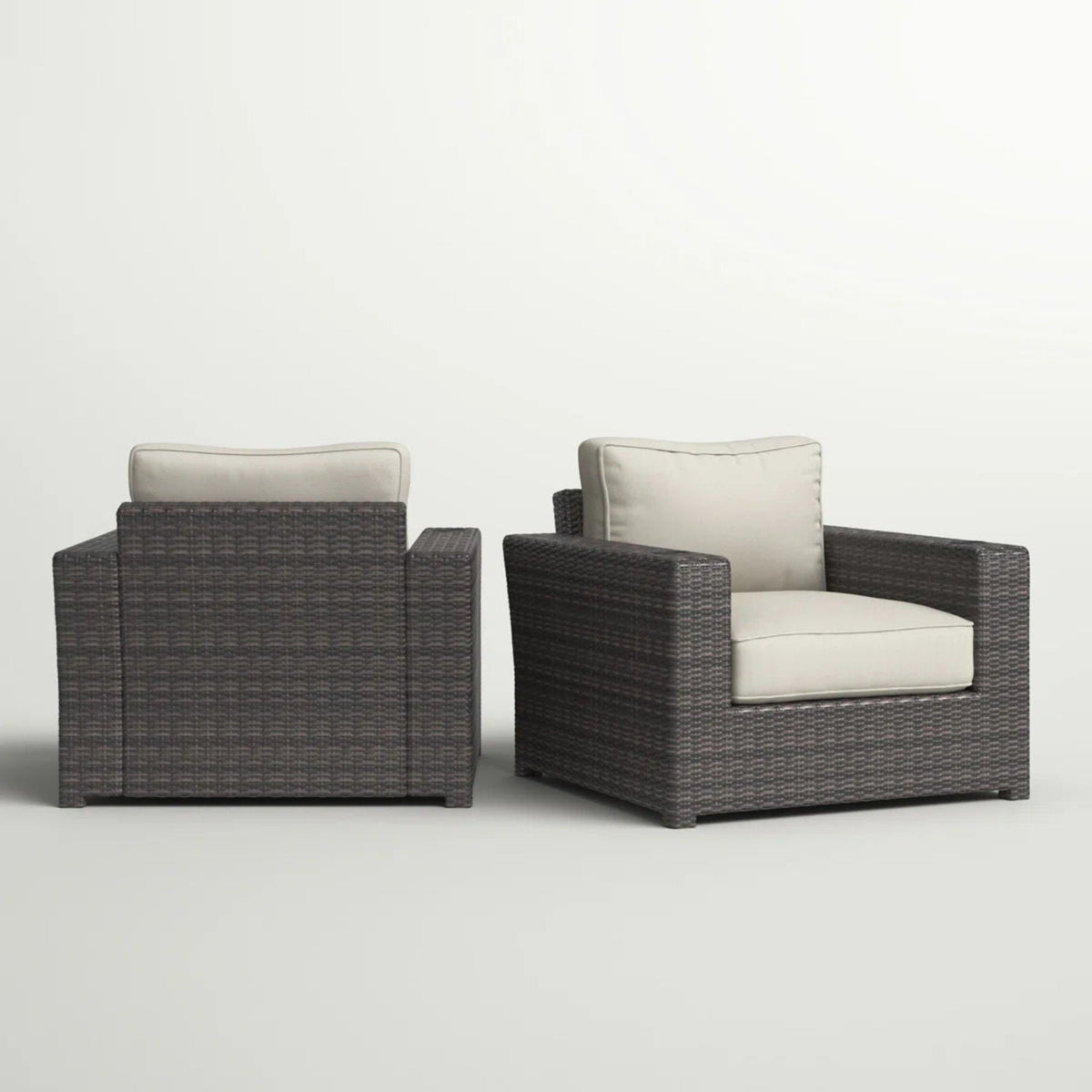 Outdoor Armchairs With Cushions Set of 2 – All-Weather Wicker – Espresso / Gray