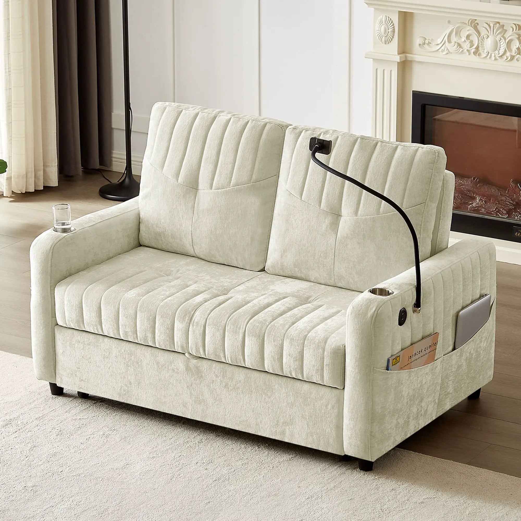 Modern Loveseat Pull Out Sofa Bed With Adjustable Backrest, Two Cup Holders, A Phone Holder, Three Charging Ports And Side Storage Pockets For Living Room by HouseOfZazla