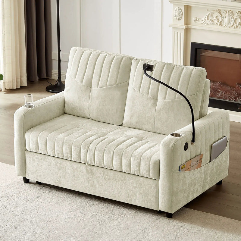 Modern Loveseat Pull Out Sofa Bed With Adjustable Backrest, Two Cup Holders, A Phone Holder, Three Charging Ports And Side Storage Pockets For Living Room by HouseOfZazla