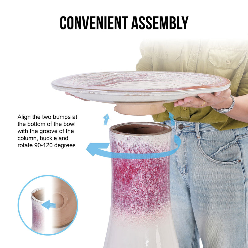 Birdbath For Patio, Garden - White / Pink