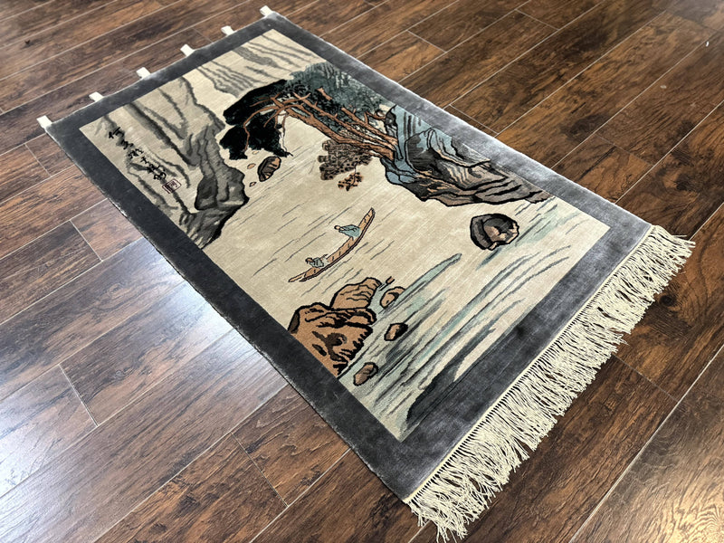 Chinese Silk Wall Hanging 3x5, Handmade, River and Boat Scene, Rug Tapestry by Jewel Rugs