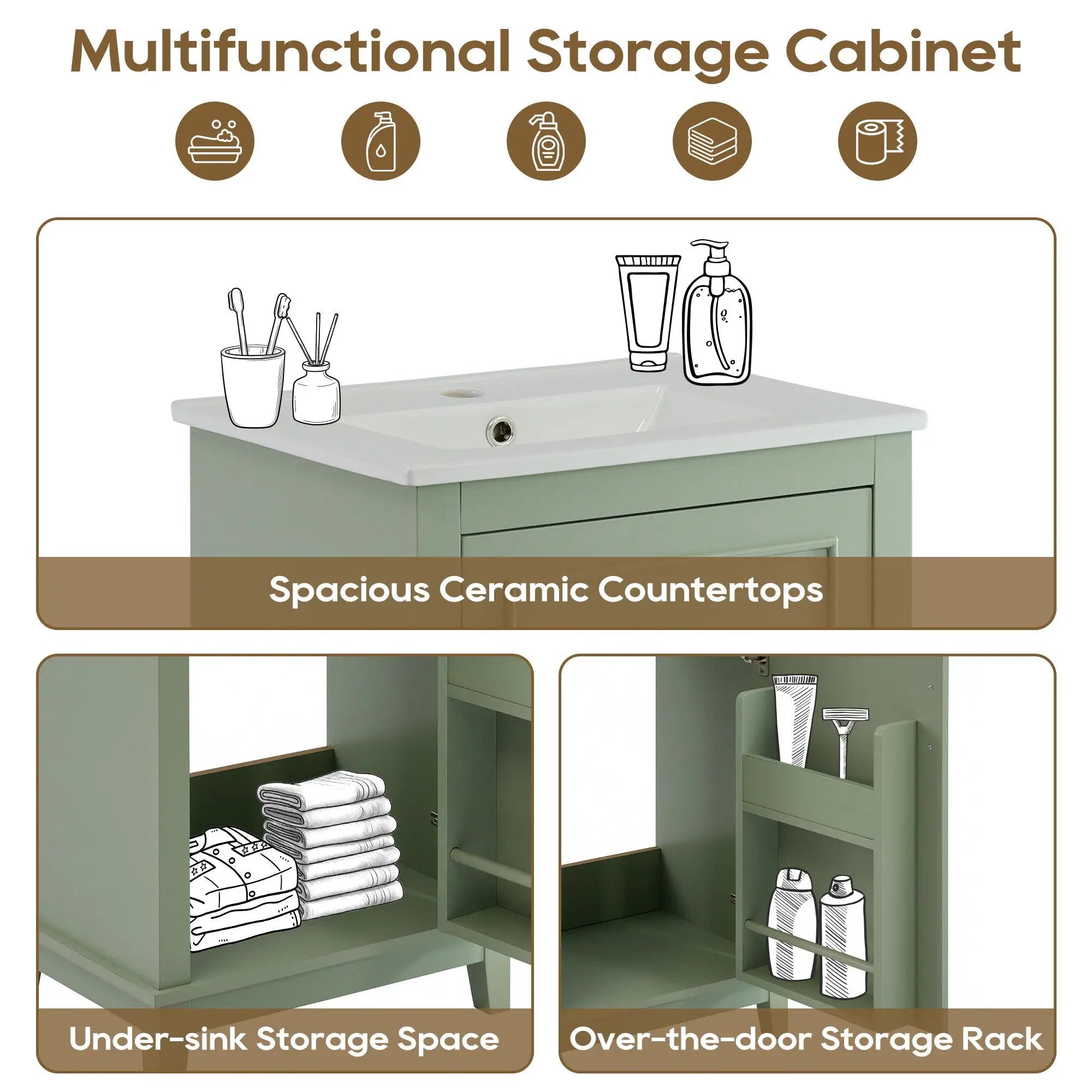 Modern Small Bathroom Vanity Cabinet With Ceramic Basin, Ample Storage, 1 Soft Close Door by HouseOfZazla