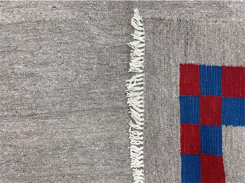 Gray Turkish Kilim Carpet 5' 7" x 7' 7", Medium Kilim Rug, Hand-Knotted, Blue & Red Border, Minimalistic Design, Geometric, Wool, New by Jewel Rugs