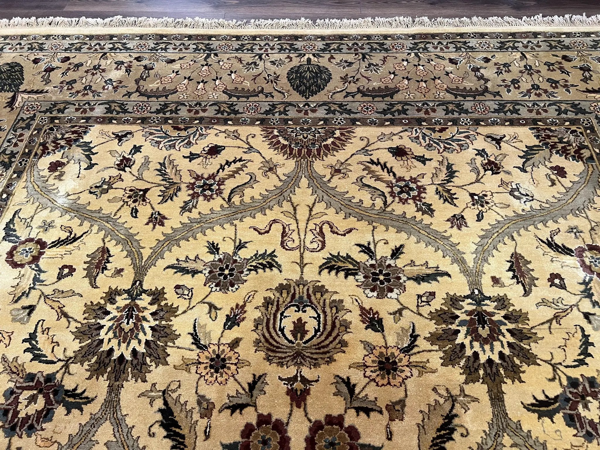 Indo Persian Mahal Rug 10x14, Wool Hand Knotted Oriental Carpet, Cream Floral Allover, Vintage Area Rug 10 x 14, Traditional Rug, Handmade by Jewel Rugs