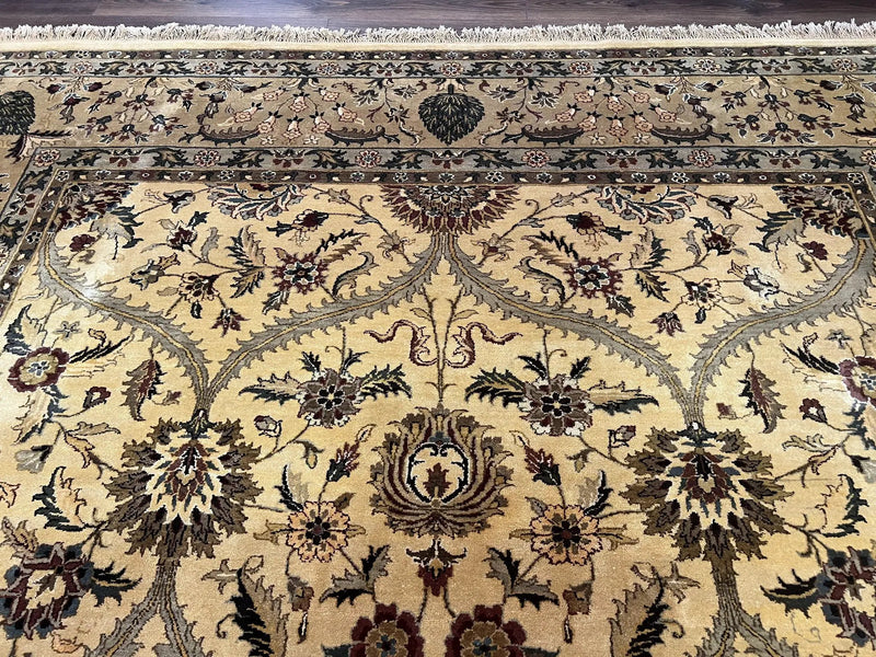Indo Persian Mahal Rug 10x14, Wool Hand Knotted Oriental Carpet, Cream Floral Allover, Vintage Area Rug 10 x 14, Traditional Rug, Handmade by Jewel Rugs