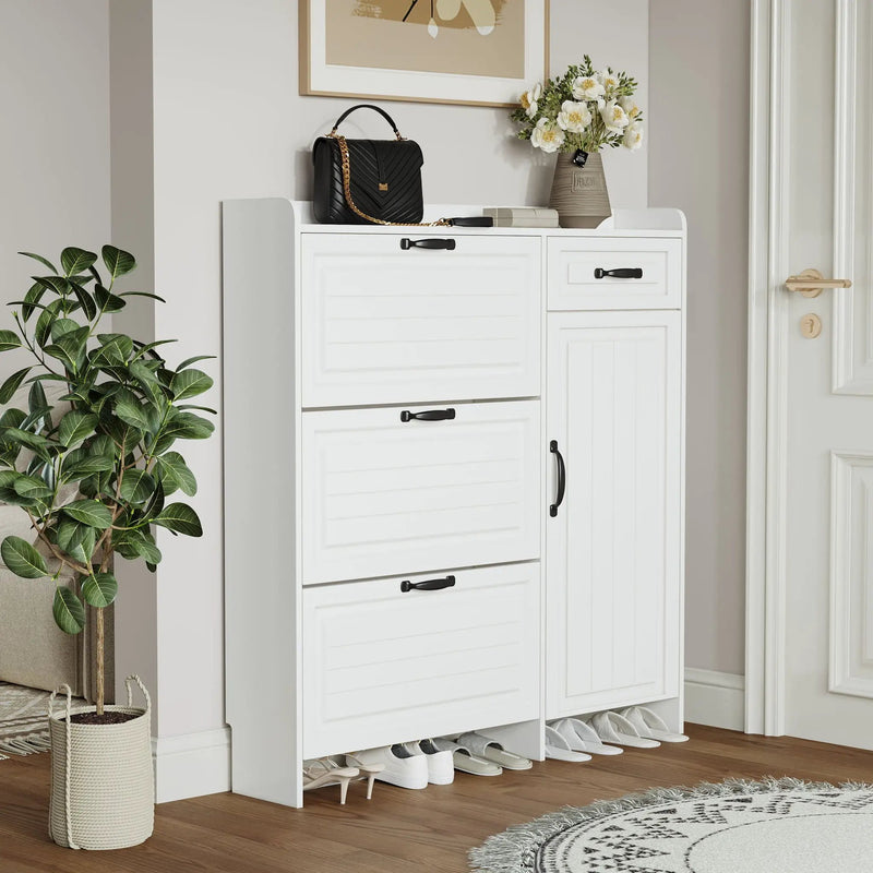 Shoe Cabinet With 4 Doors 1 Drawers, PVC Door With Shape, Large Space For Storage - White by HouseOfZazla