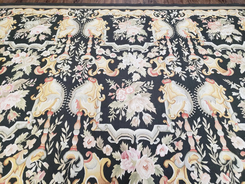 Vintage Black Aubusson Area Rug 8x10, Large Flowers Chinese Aubusson Carpet 7.9 x 10, Wool Hand-Knotted Floral Pattern Flat Weave Rug Nice by Jewel Rugs