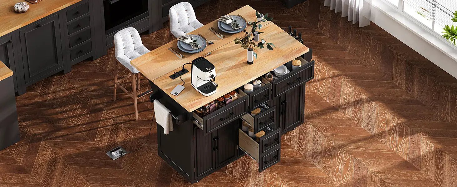 K&K 56.5'' Kitchen Island with Drop Leaf, Power Outlet by HouseOfZazla