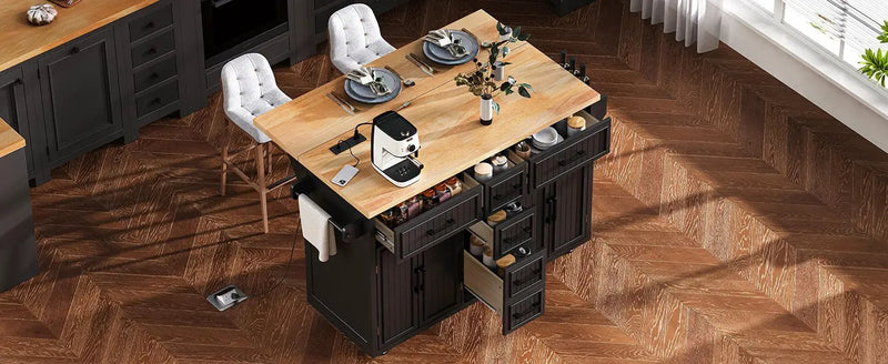 K&K 56.5'' Kitchen Island with Drop Leaf, Power Outlet by HouseOfZazla