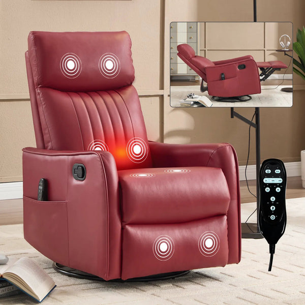 Red Faux Leather Heat Massage Manual Recliner Chair with Rocker and Swivel