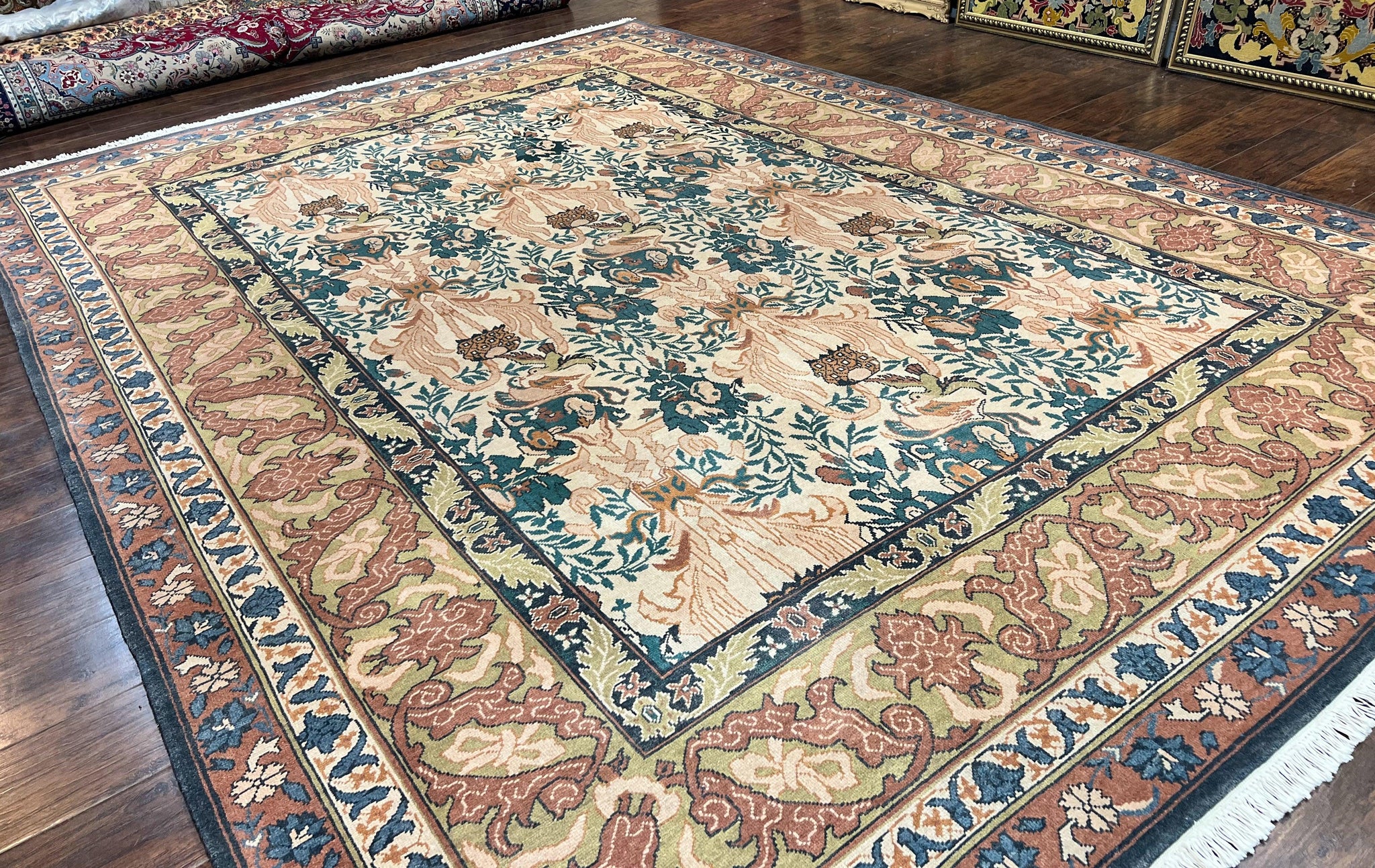 10x13 Wool Rug, Floral Pattern, Birds, Handmade Vintage Carpet, Couristan Rug, Beige by Jewel Rugs