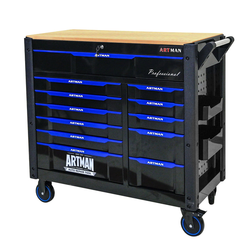 12 Layer Drawer Multi Purpose Tool Cart With Wheels And Wooden Countertops - Black / Blue by HouseOfZazla