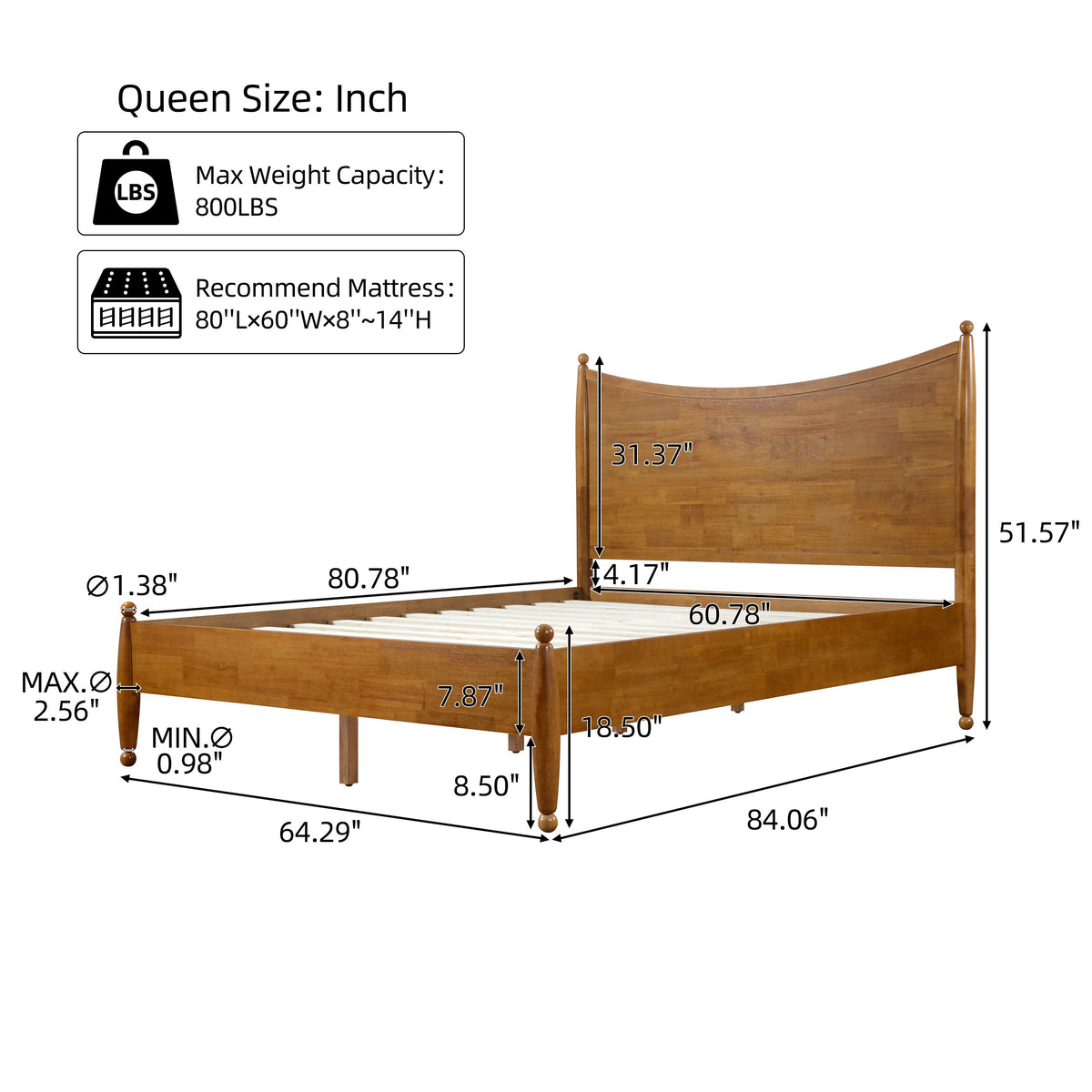 Classic Transitional Queen Size Solid Wood Platform Bed Frame, photo 4 of 10