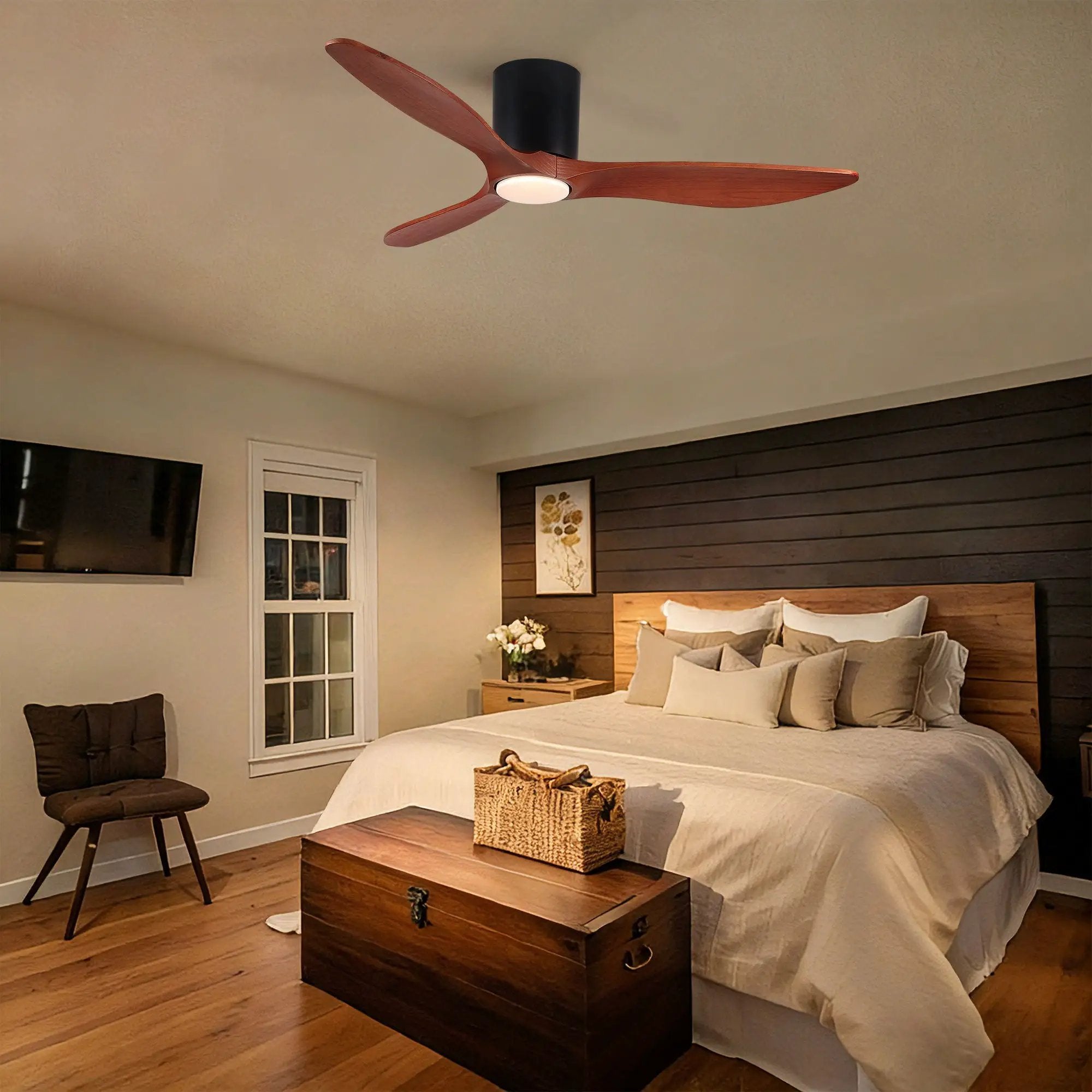 Low Profile Flush Mount Ceiling Fan With Light And Reversible Quiet Motor - Matte Black by HouseOfZazla