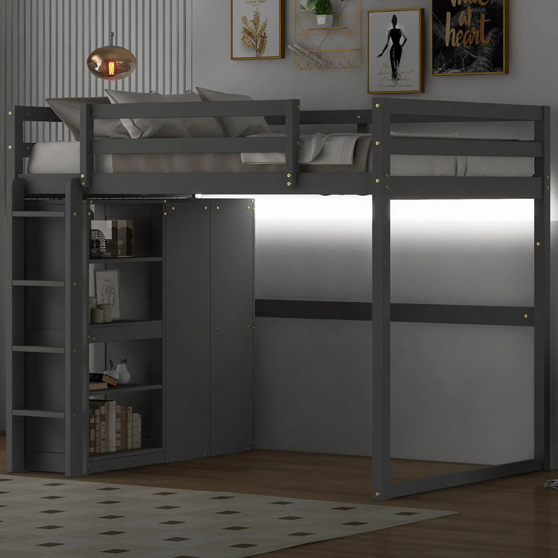 Loft Bed With Built In Wardrobe, Storage Shelves, And LED Light by Unique Piece Furniture