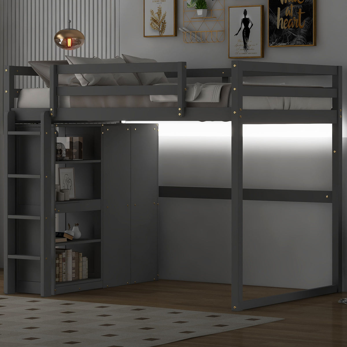 Full Size Loft Bed with Built-In Wardrobe, Storage Shelves & LED Light - White or Dark Gray, photo 16 of 31