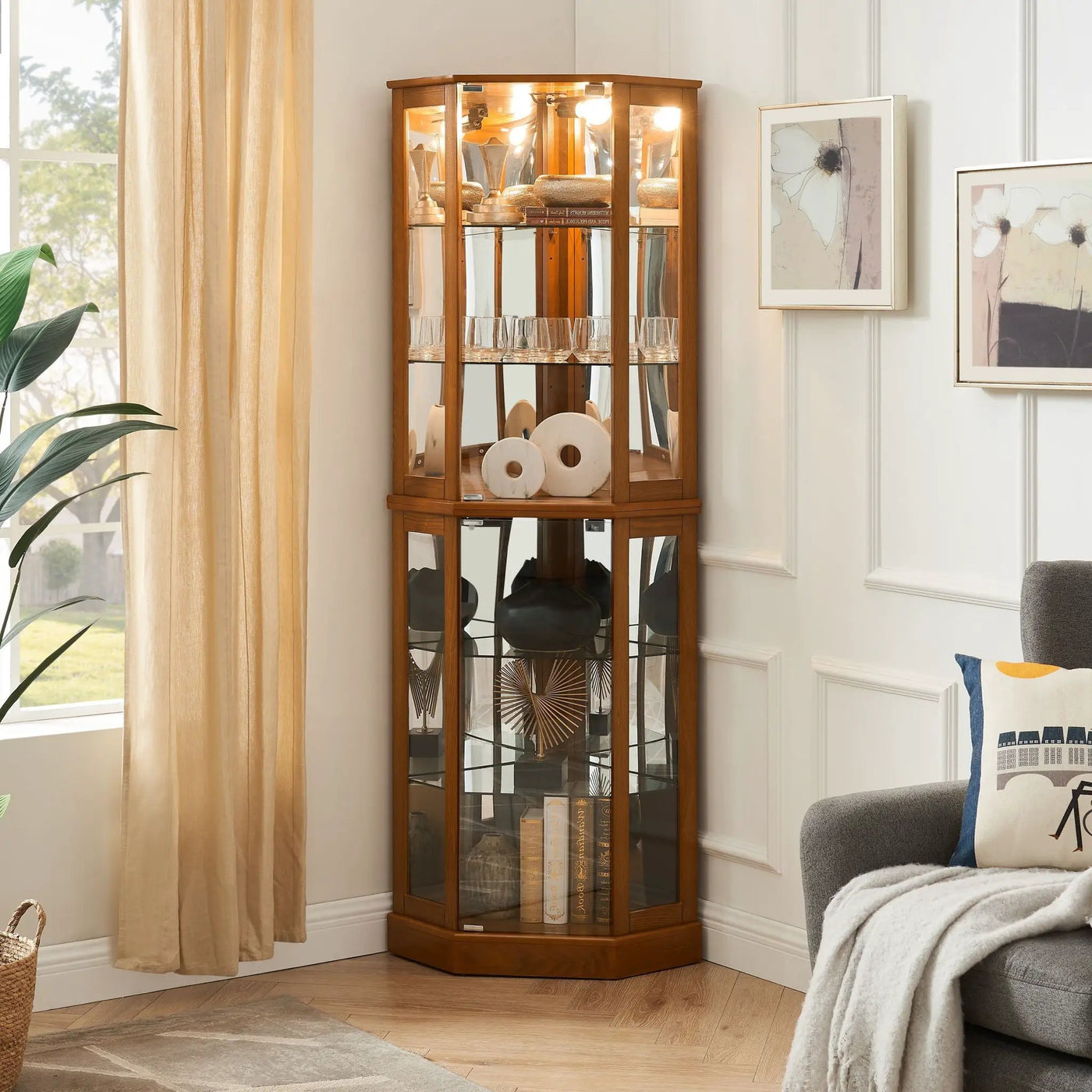 6 Shelf Corner Curio Display Cabinet With Lights, Mirrors And Adjustable Shelves (E26 Light Bulb Not Included) by Unique Piece Furniture