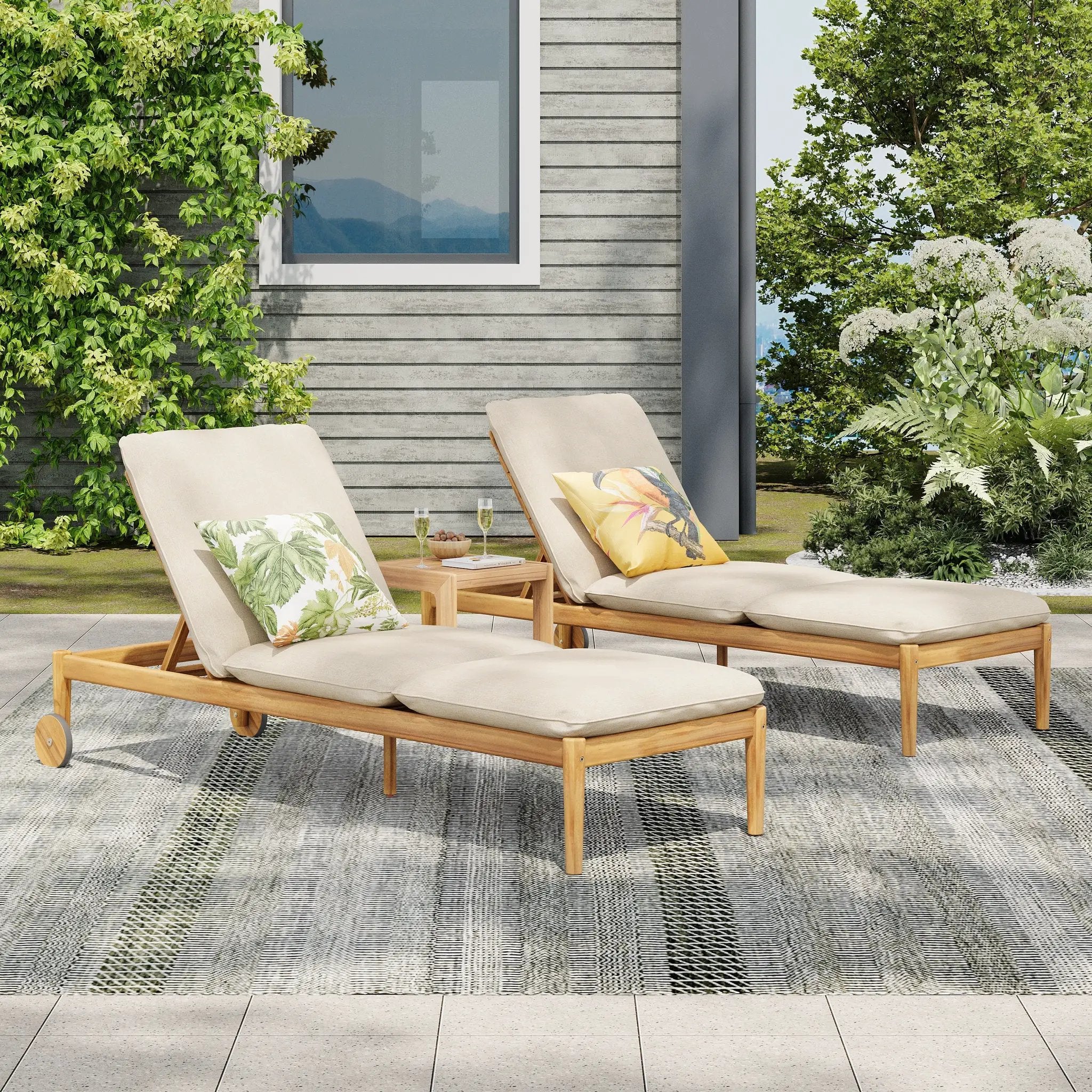 Riviera Outdoor Chaise Lounge with Wheels, Acacia Wood Frame (Set of 2) by HouseOfZazla
