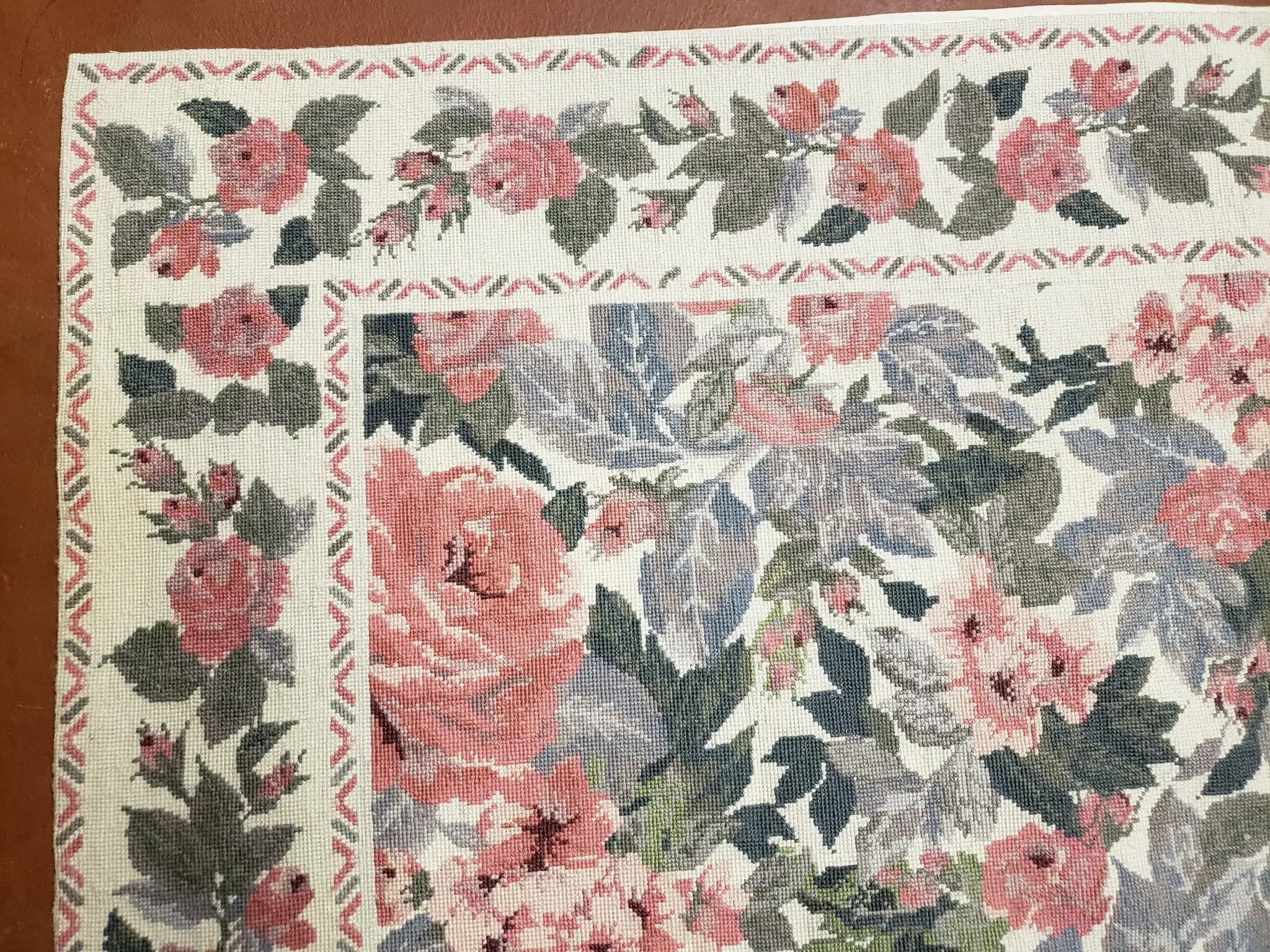 5x8 Needlepoint Rug 5' 4" x 8' 3" Wool Flat Weave Floral New Unused Carpet English Design Ivory Large Pink Flowers Green Leaves Hand-Knotted by Jewel Rugs