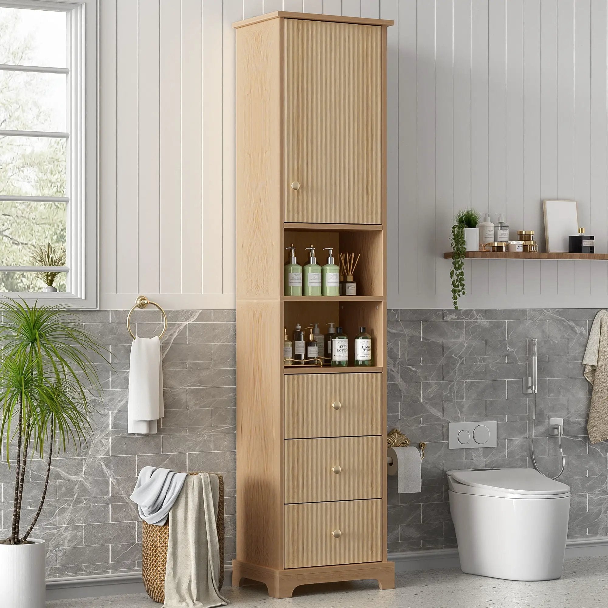 Tall Bathroom Cabinet With 1 Door, 3 Drawers, Open Storage - Wood by HouseOfZazla