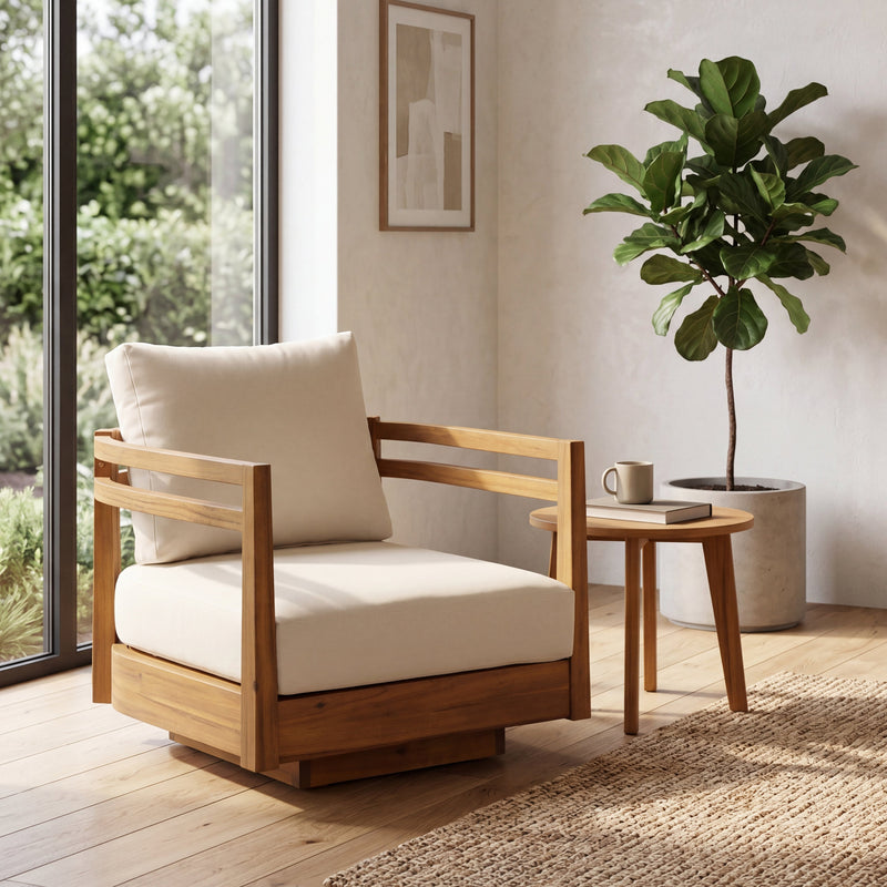 Acacia Wood Outdoor Swivel Chair with Plush Cushions - Natural, photo 2 of 10
