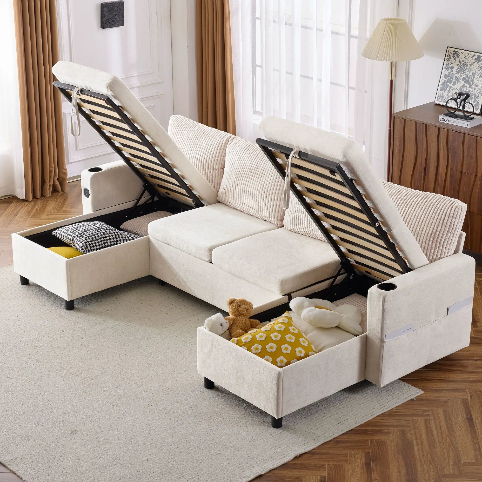 Sectional Sofa Bed With Pull Out Sleeper, USB Ports, Cup Holders by HouseOfZazla
