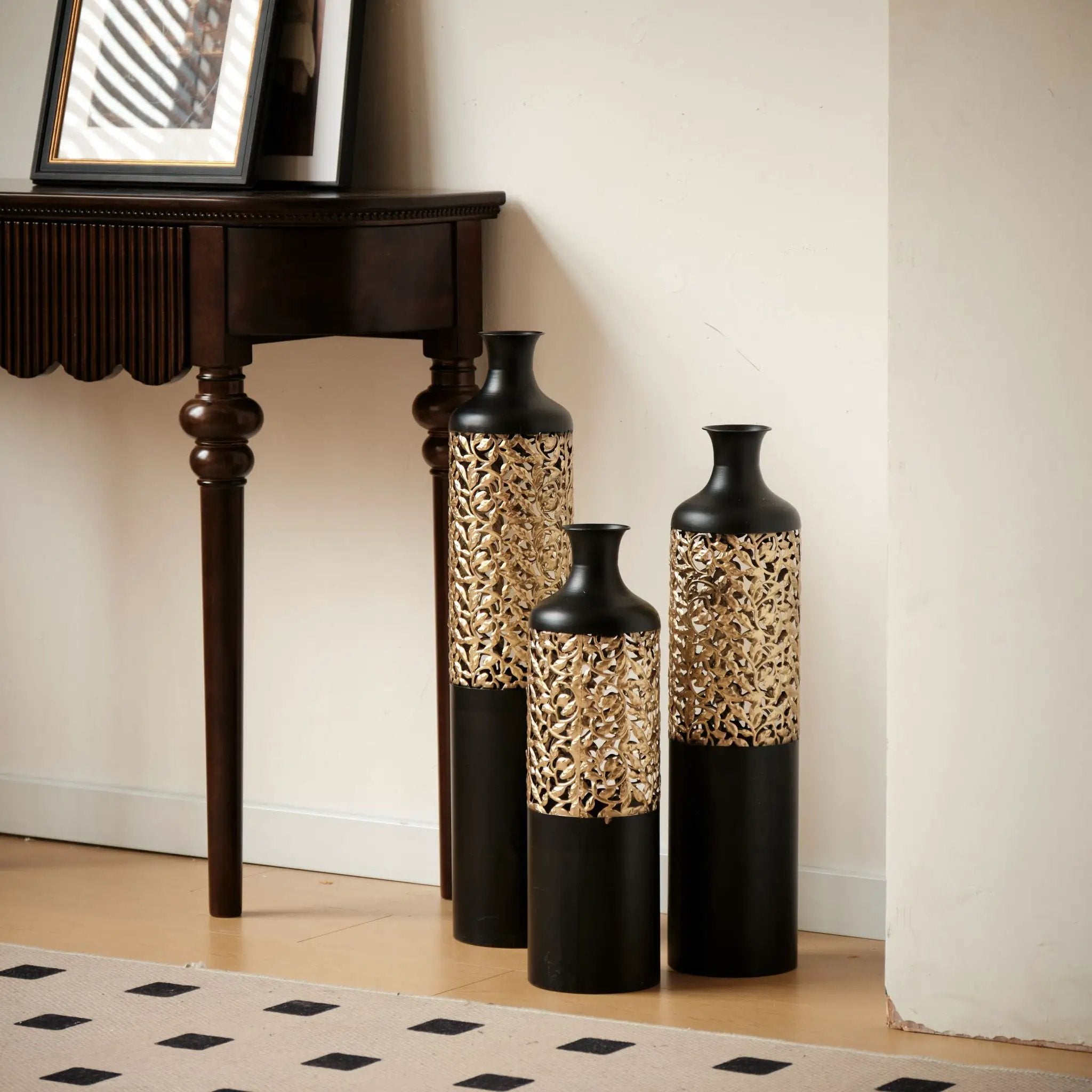 Floor Metal Vases Decorated Metal Vases (Set of 3) Gorgeous Home Decoration Large Glazed Metal Vases - Black / Gold by Unique Piece Furniture