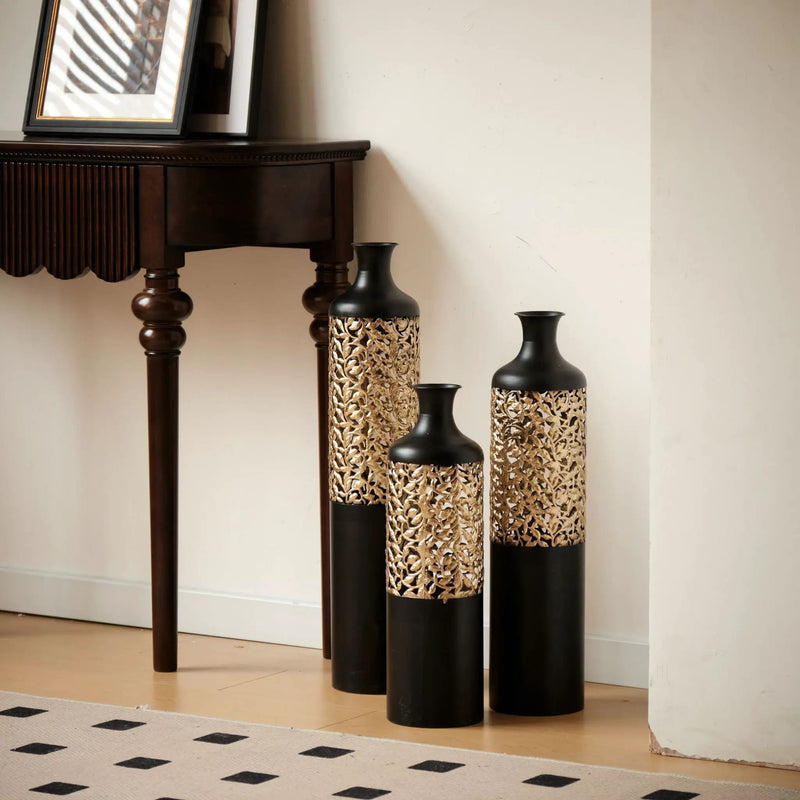 Floor Metal Vases Decorated Metal Vases (Set of 3) Gorgeous Home Decoration Large Glazed Metal Vases - Black / Gold by HouseOfZazla